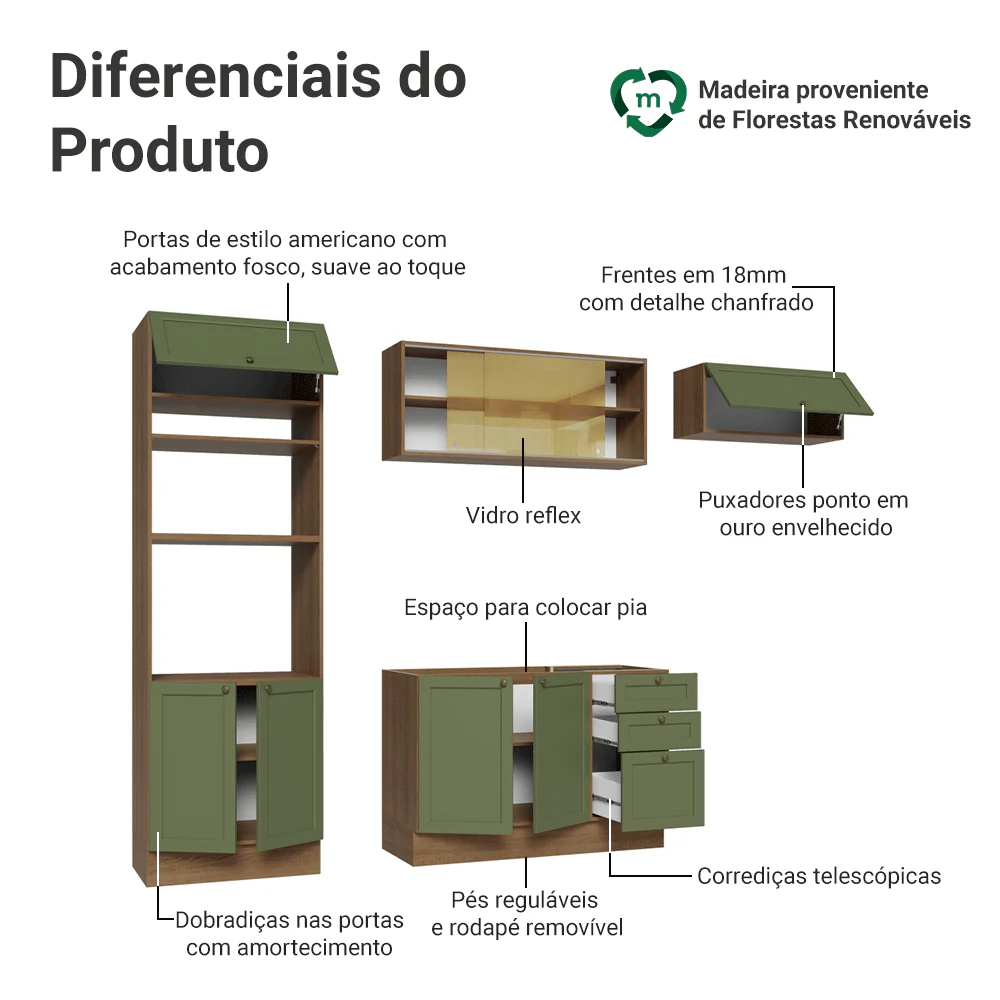 Armário de Cozinha Completa 270 cm Rustic/Verde Vik Madesa 04 - Image 4