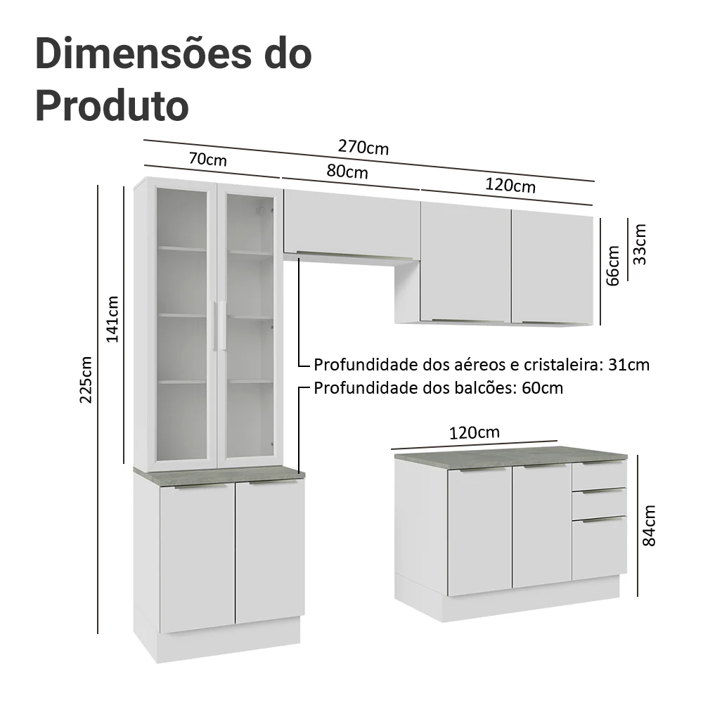 Armário de Cozinha Completa 270 x 60 cm Branco/Branco Veludo Lux Madesa 04 - Image 3
