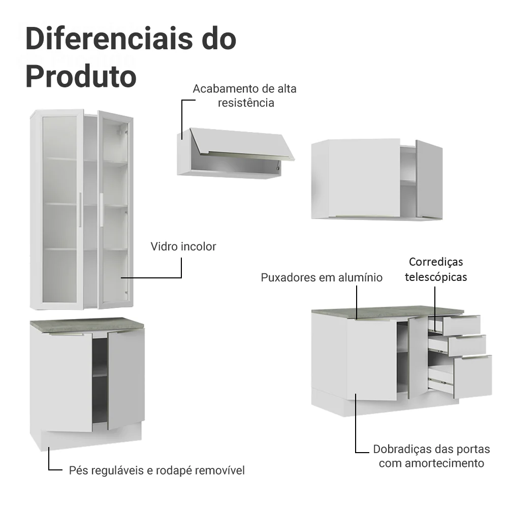 Armário de Cozinha Completa 270 x 60 cm Branco/Branco Veludo Lux Madesa 04 - Image 4