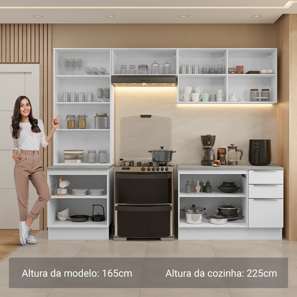 Armário de Cozinha Completa 270 x 60 cm Branco/Branco Veludo Lux Madesa 04 - Image 5