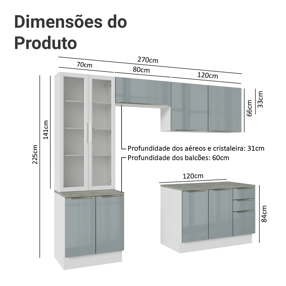 Armário de Cozinha Completa 270 x 60 cm Branco/Cinza Lux Madesa 04 - Image 3