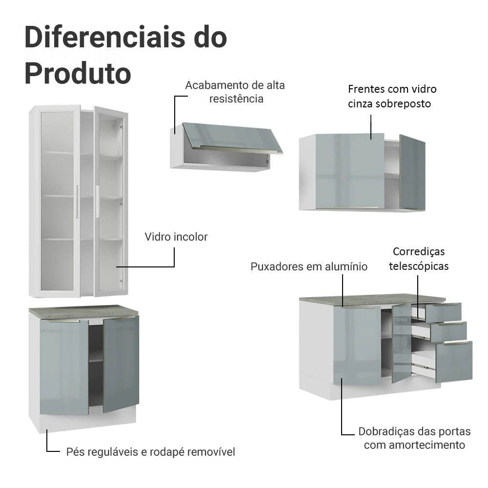 Armário de Cozinha Completa 270 x 60 cm Branco/Cinza Lux Madesa 04 - Image 4