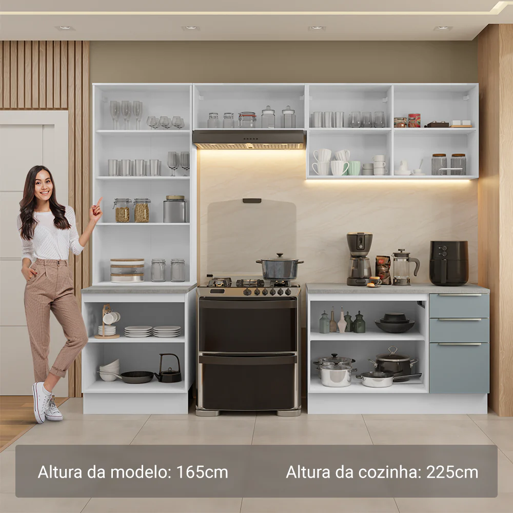 Armário de Cozinha Completa 270 x 60 cm Branco/Cinza Lux Madesa 04 - Image 5
