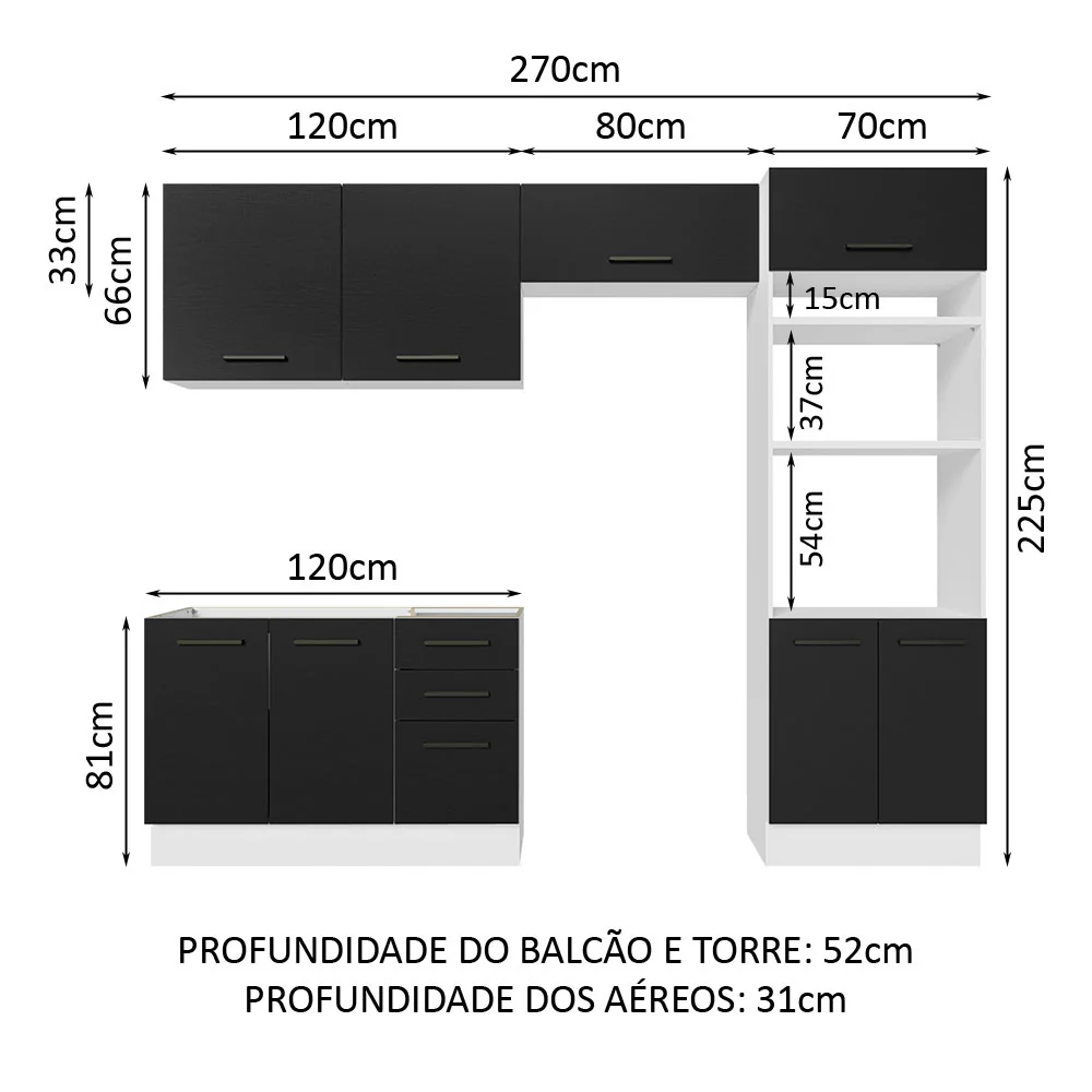 Armário de  Cozinha Completa 270cm Branco/Preto Agata Madesa 08 - Image 3
