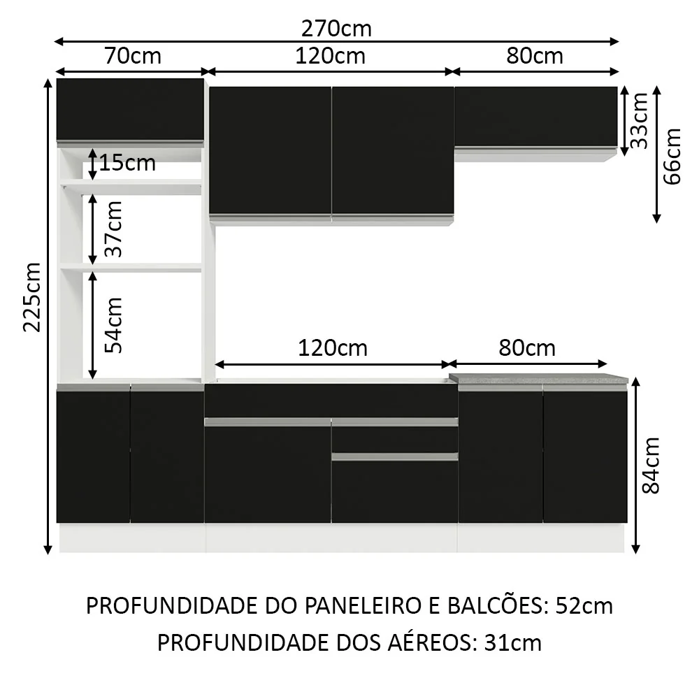 Armário de Cozinha Completa 270cm Branco/Preto Glamy Madesa 13 - Image 3