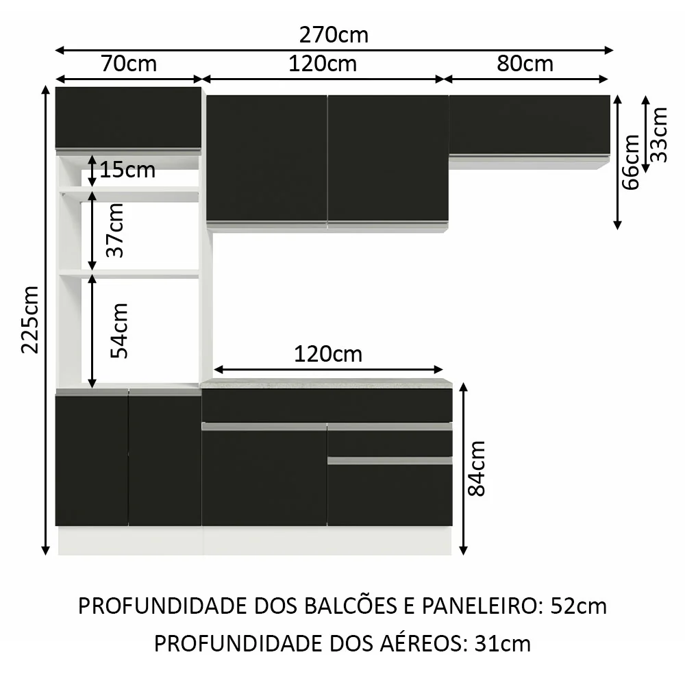 Armário de Cozinha Completa 270cm Branco/Preto Glamy Madesa 14 - Image 3