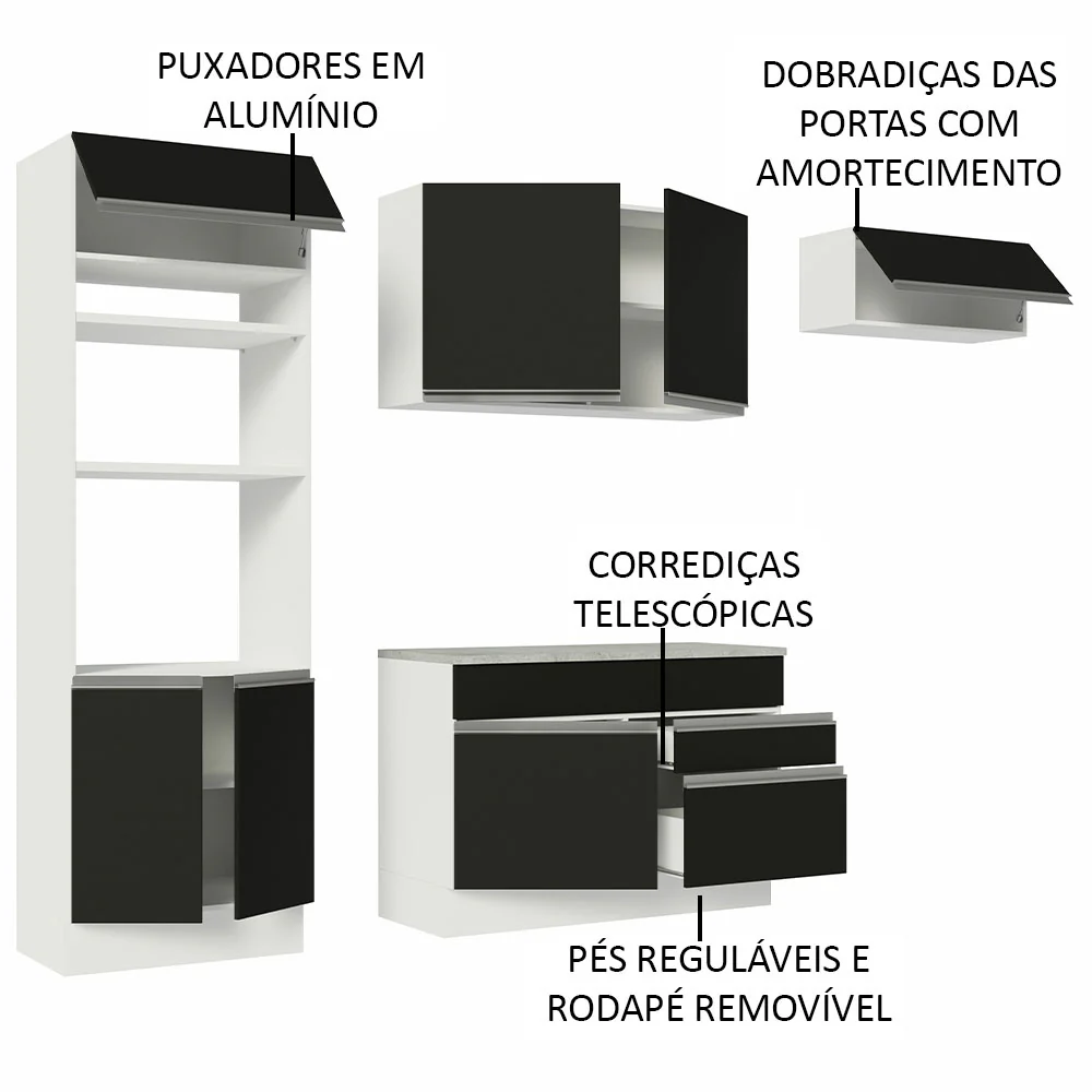 Armário de Cozinha Completa 270cm Branco/Preto Glamy Madesa 14 - Image 4
