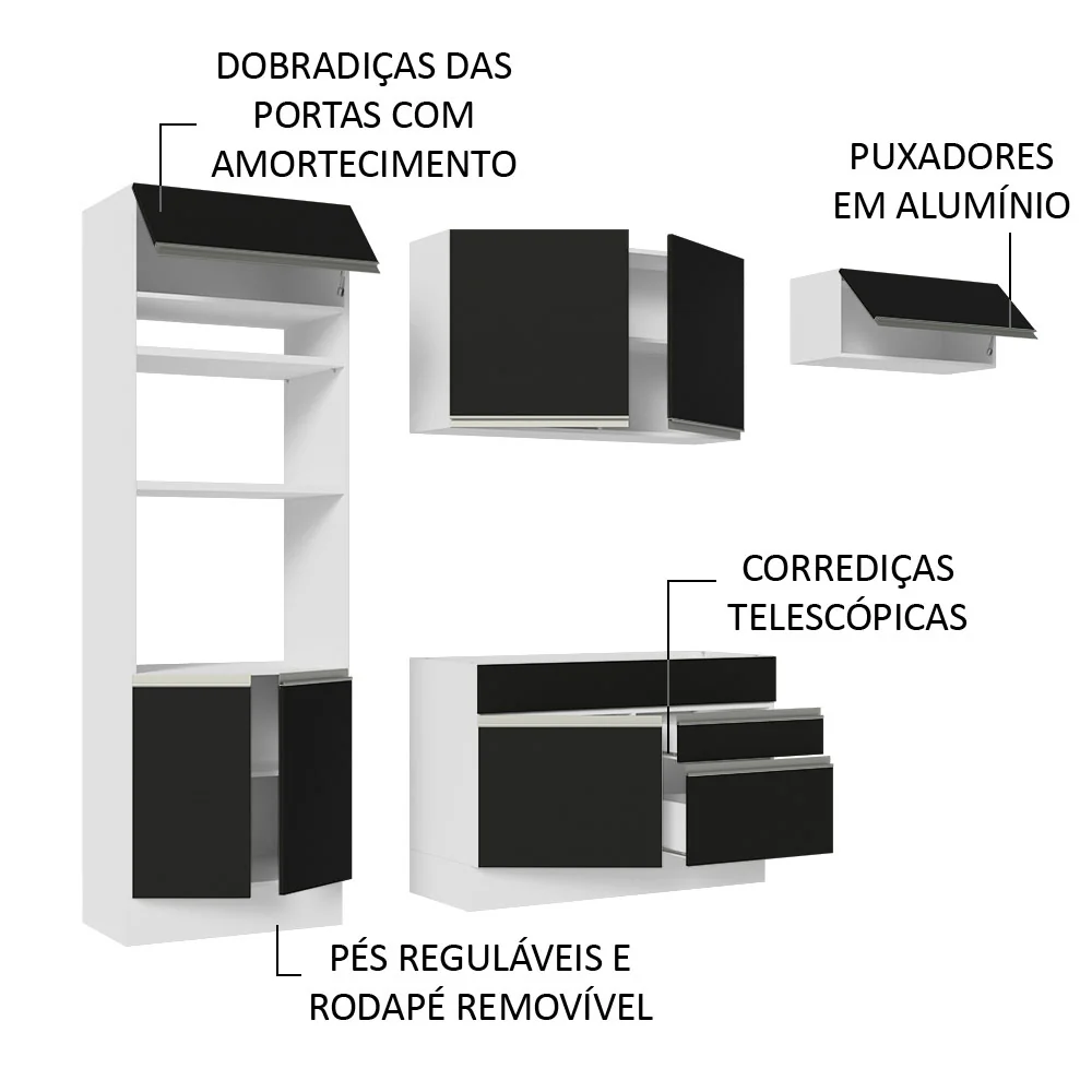 Armário de Cozinha Completa 270cm Branco/Preto Glamy Madesa 15 - Image 4