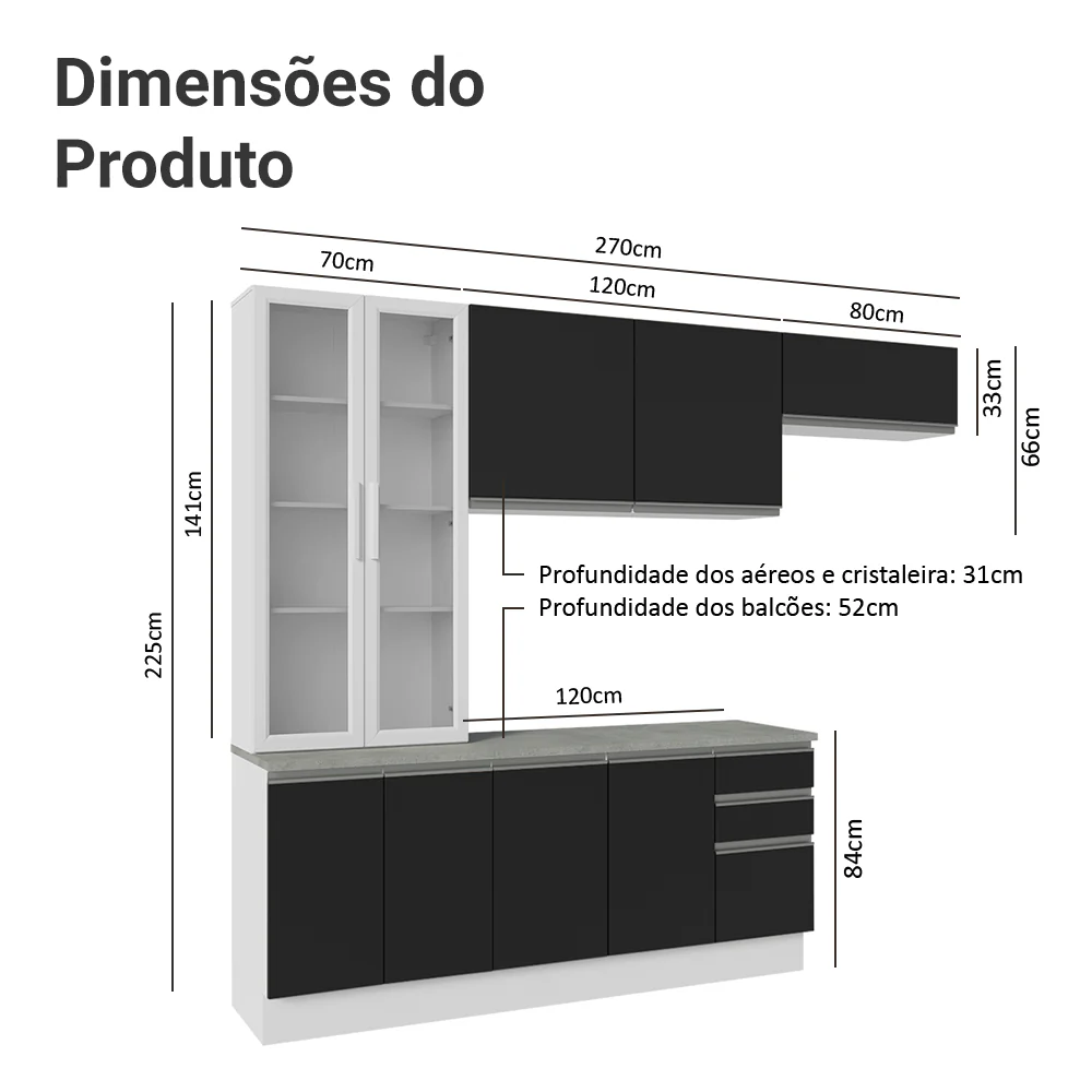 Armário de Cozinha Completa 270cm Branco/Preto Glamy Madesa 16 - Image 3
