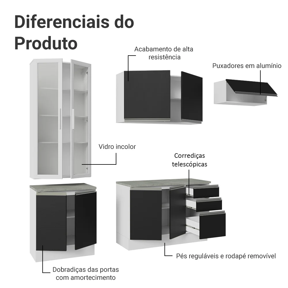 Armário de Cozinha Completa 270cm Branco/Preto Glamy Madesa 16 - Image 4
