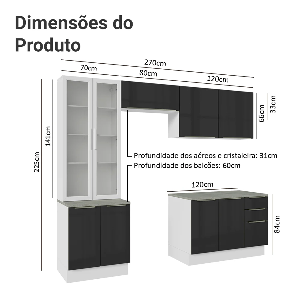 Armário de Cozinha Completa 270 x 60 cm Branco/Preto Lux Madesa 04 - Image 3