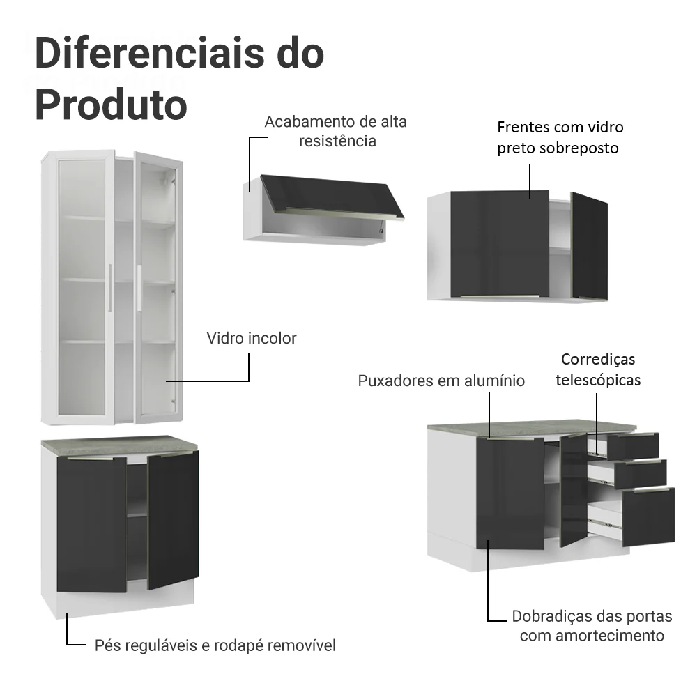 Armário de Cozinha Completa 270 x 60 cm Branco/Preto Lux Madesa 04 - Image 4