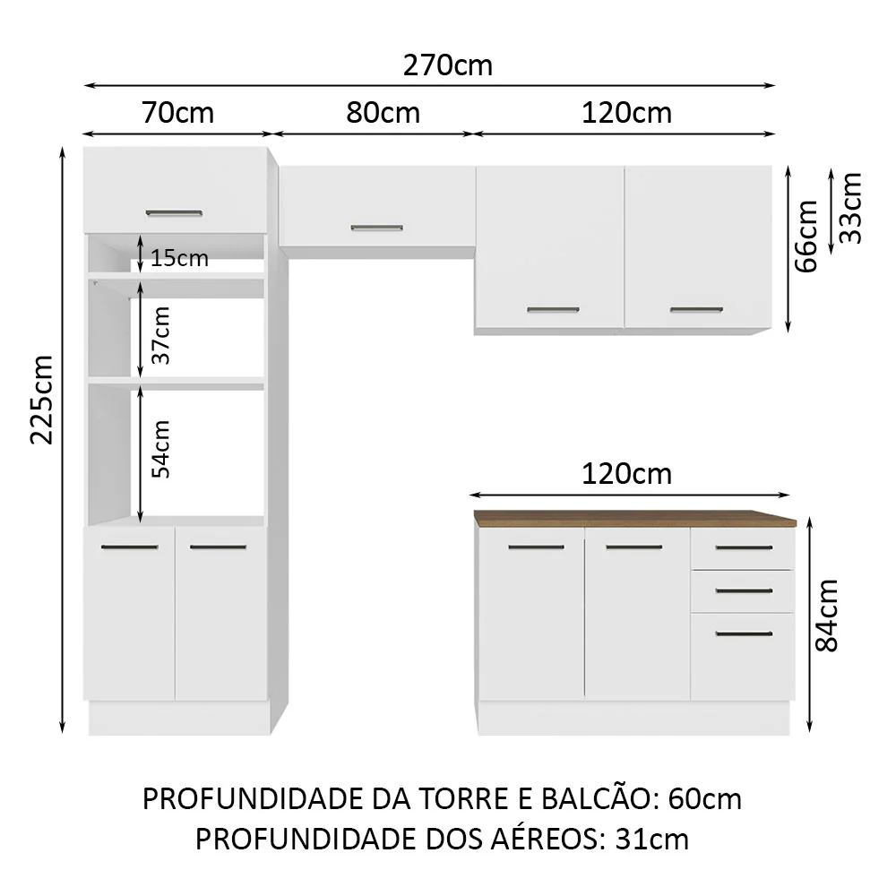 Armário de Cozinha Completa 270cm Branco/Rustic 60cm de Profundidade Agata Madesa 09 - Image 3