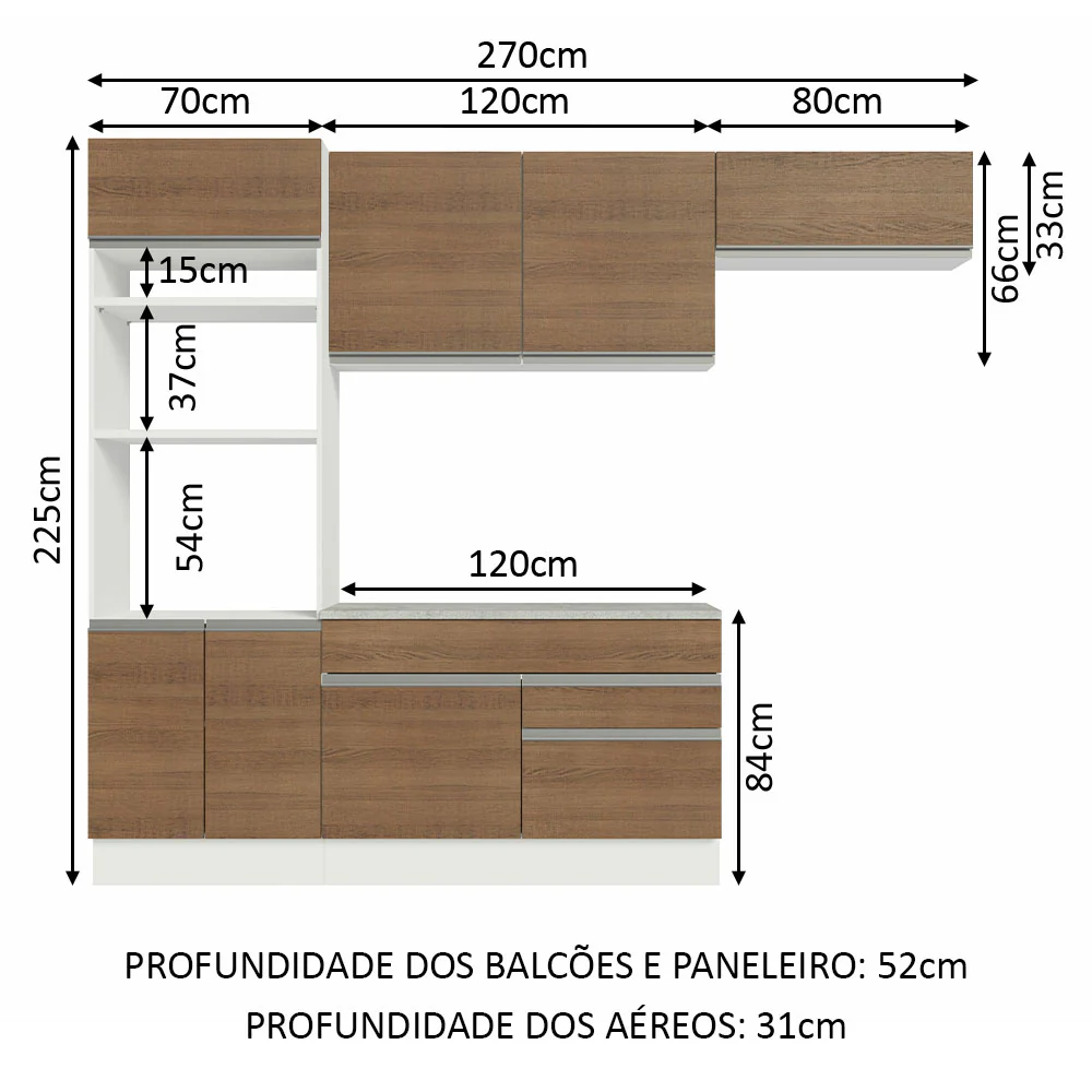 Armário de Cozinha Completa 270cm Branco/Rustic Glamy Madesa 14 - Image 3