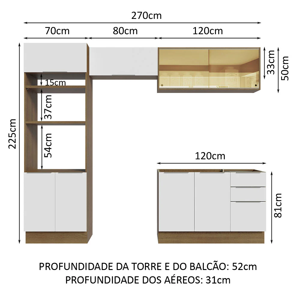Armário de Cozinha Completa 270cm Rustic/Branco Stella Madesa 06 - Image 3
