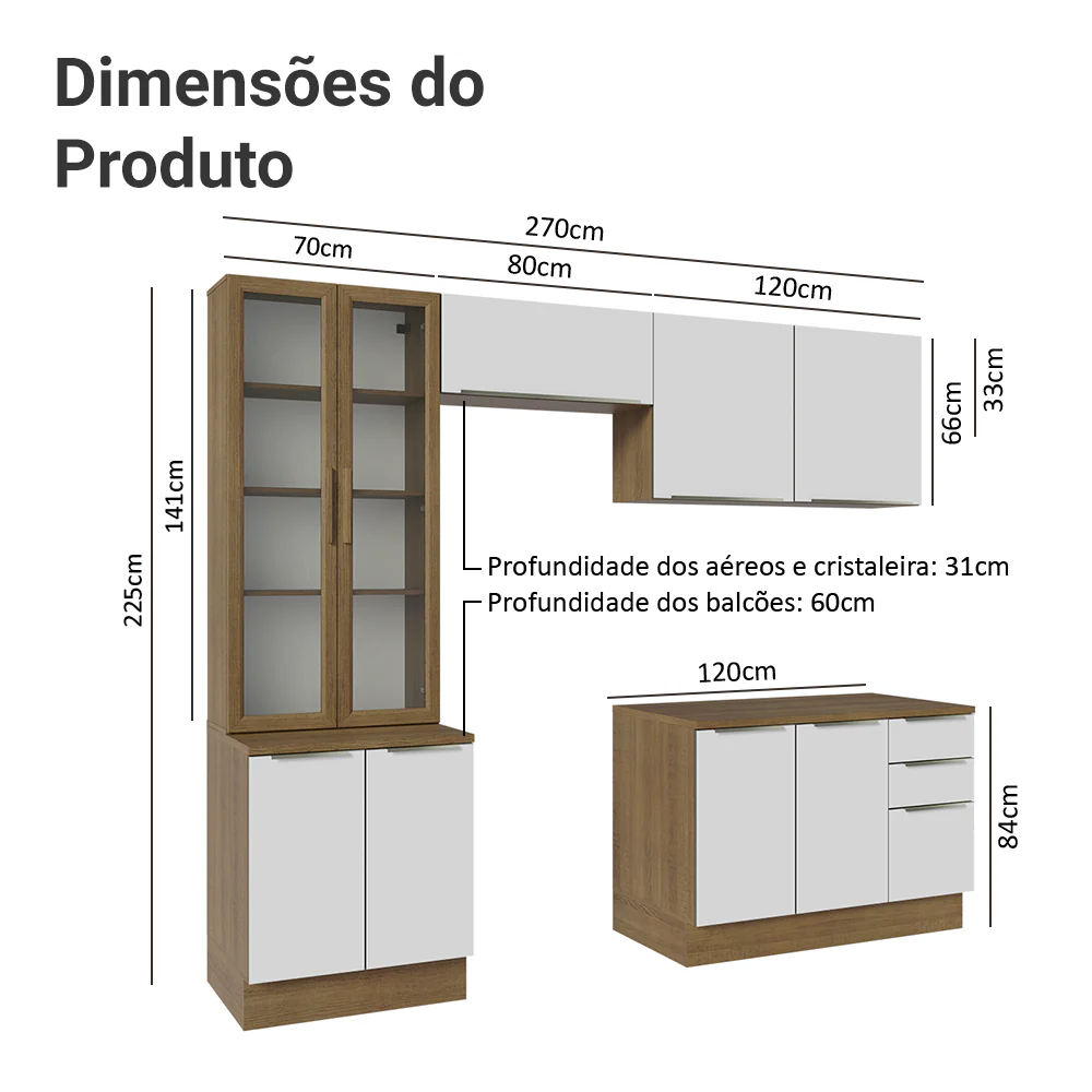 Armário de Cozinha Completa 270 x 60 cm Rustic/Branco Veludo Lux Madesa 04 - Image 3
