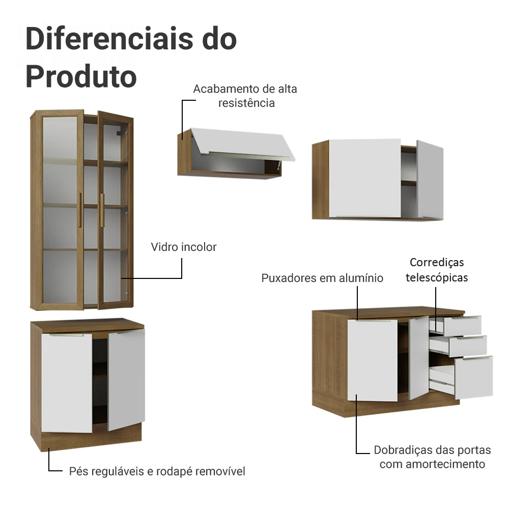 Armário de Cozinha Completa 270 x 60 cm Rustic/Branco Veludo Lux Madesa 04 - Image 4