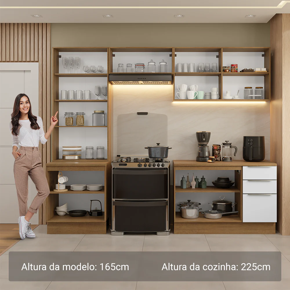 Armário de Cozinha Completa 270 x 60 cm Rustic/Branco Veludo Lux Madesa 04 - Image 5