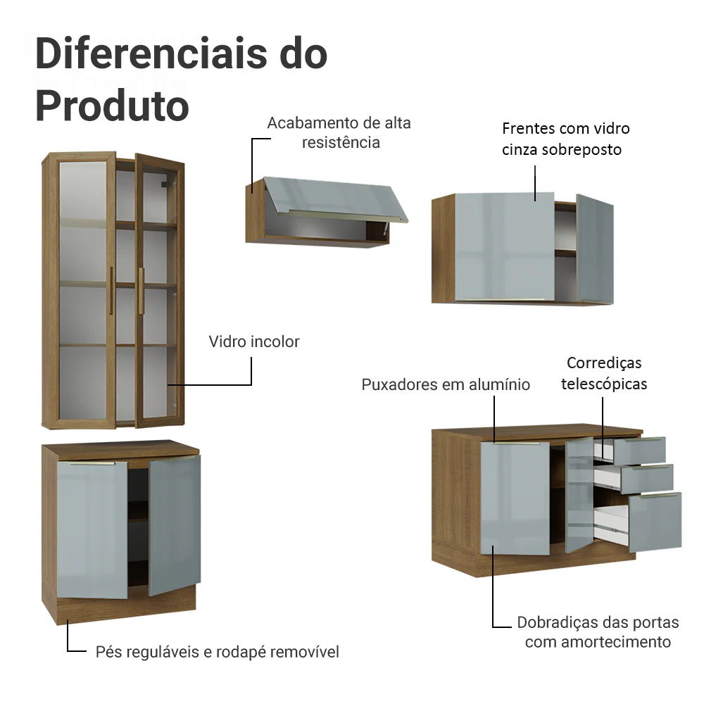 Armário de Cozinha Completa 270 x 60 cm Rustic/Cinza Lux Madesa 04 - Image 4