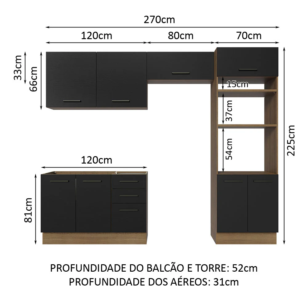 Armário de  Cozinha Completa 270cm Rustic/Preto Agata Madesa 08 - Image 3