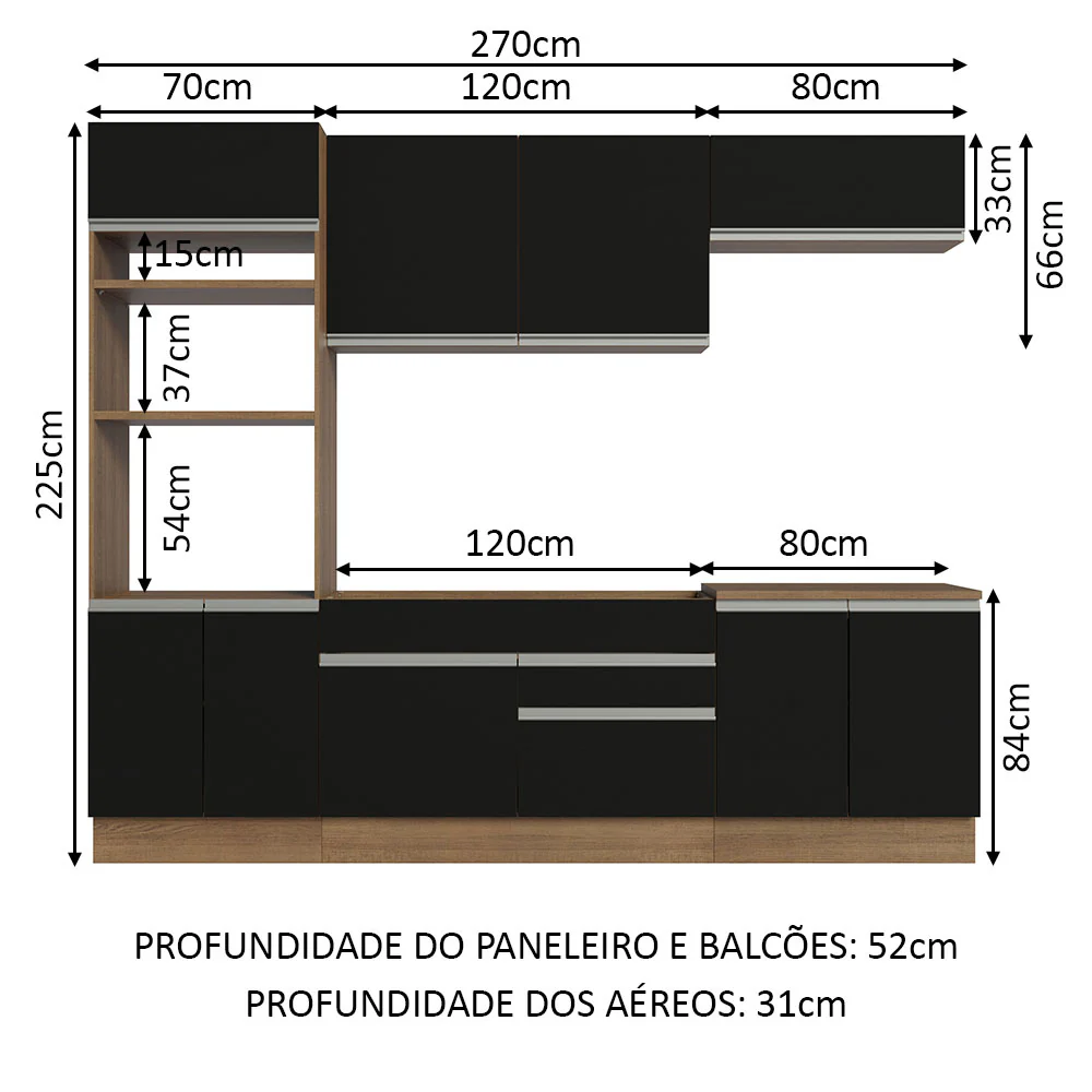Armário de Cozinha Completa 270cm Rustic/Preto Glamy Madesa 13 - Image 3