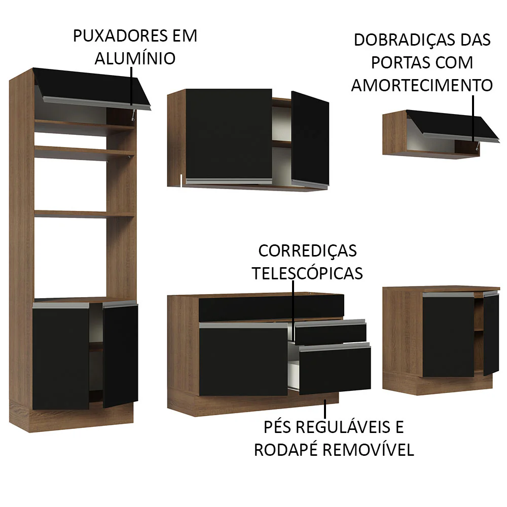 Armário de Cozinha Completa 270cm Rustic/Preto Glamy Madesa 13 - Image 4