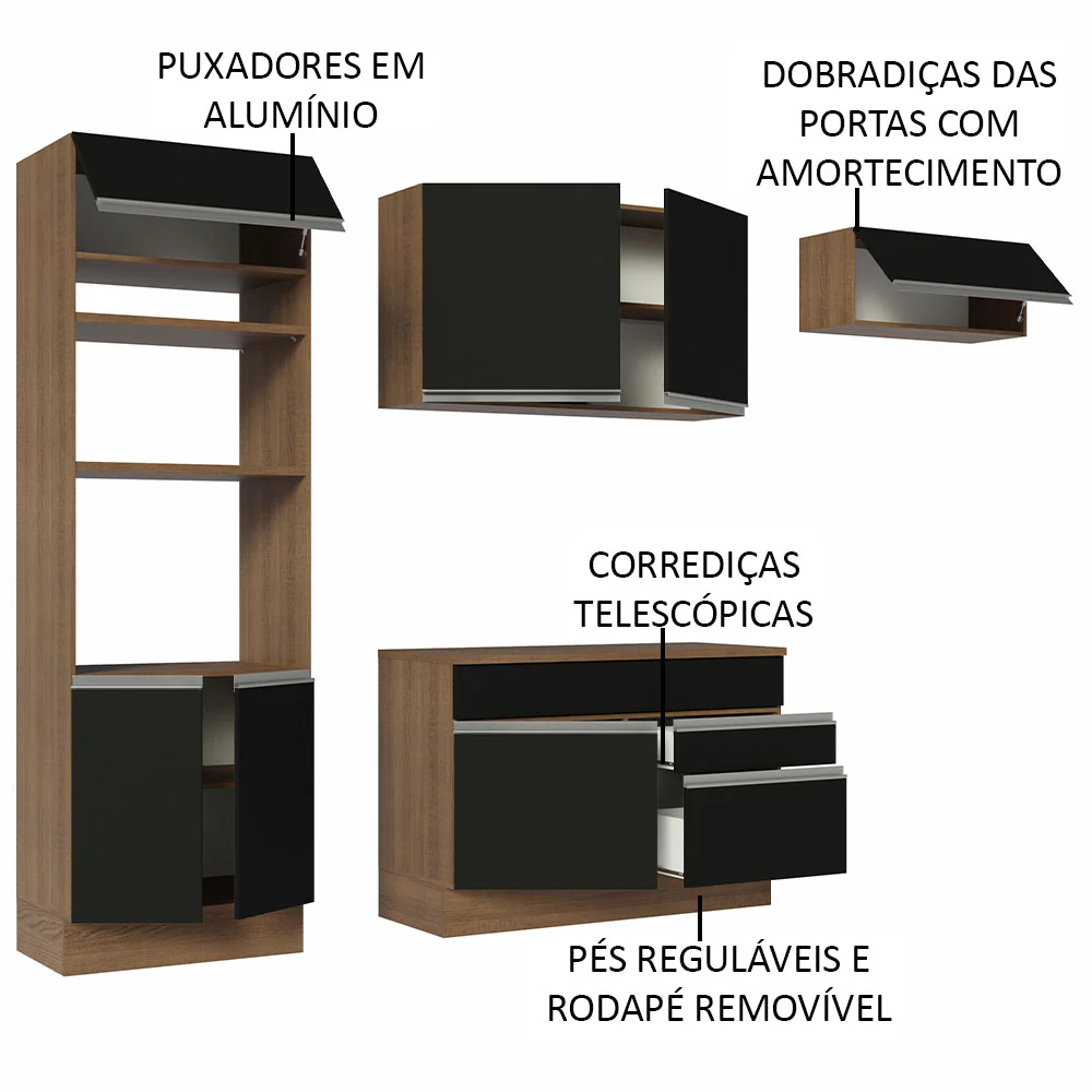 Armário de Cozinha Completa 270cm Rustic/Preto Glamy Madesa 14 - Image 4