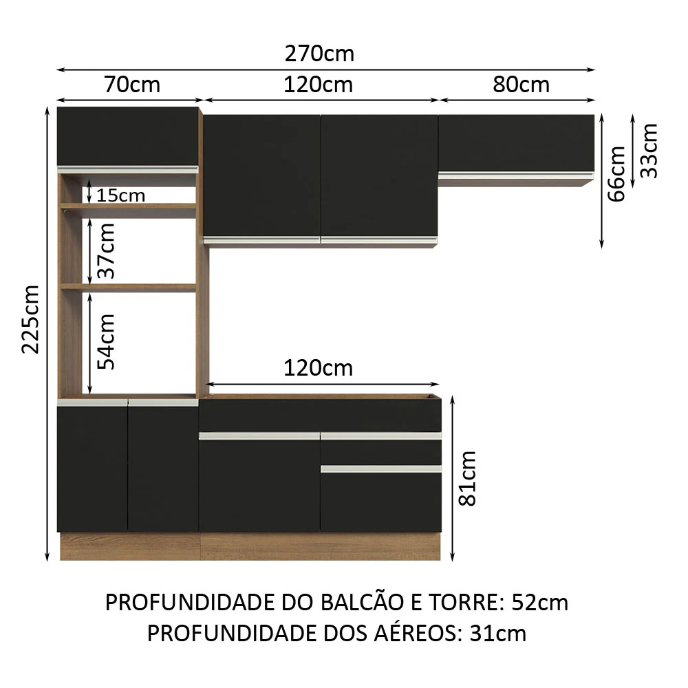 Armário de Cozinha Completa 270cm Rustic/Preto Glamy Madesa 15 - Image 3