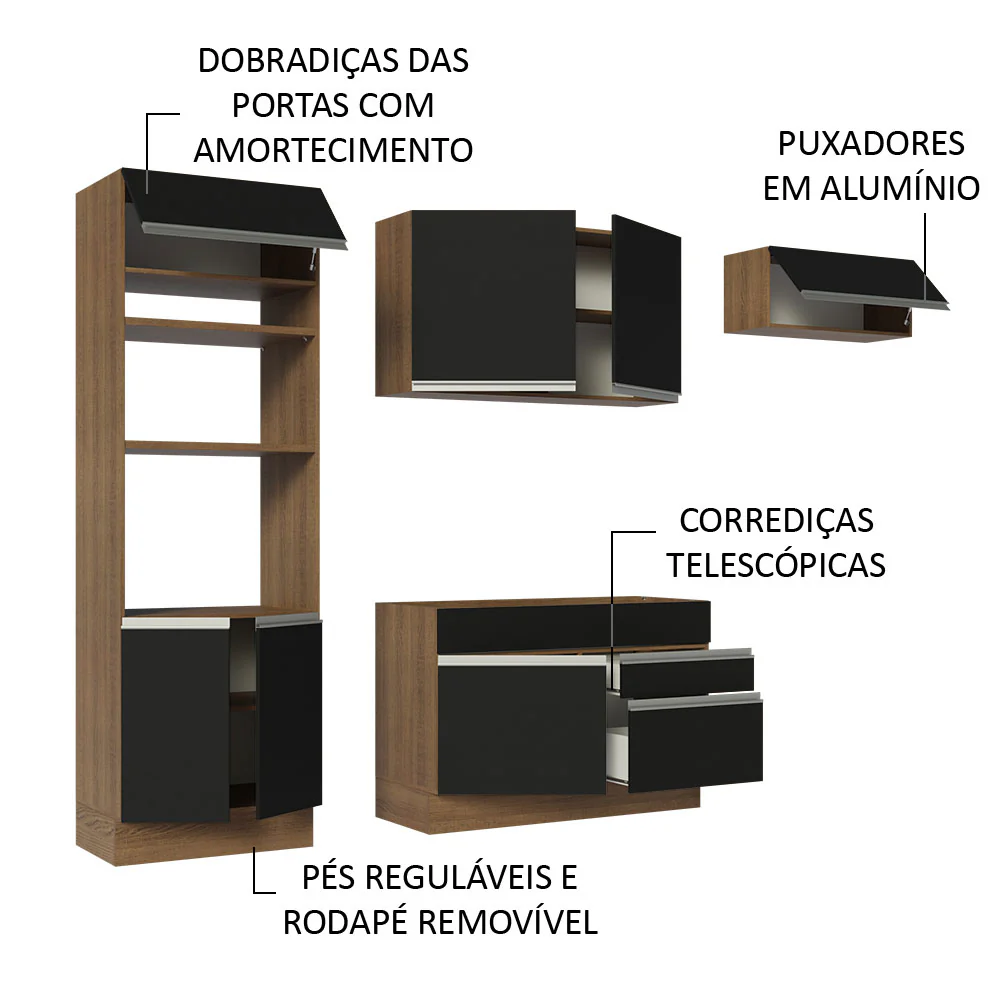 Armário de Cozinha Completa 270cm Rustic/Preto Glamy Madesa 15 - Image 4