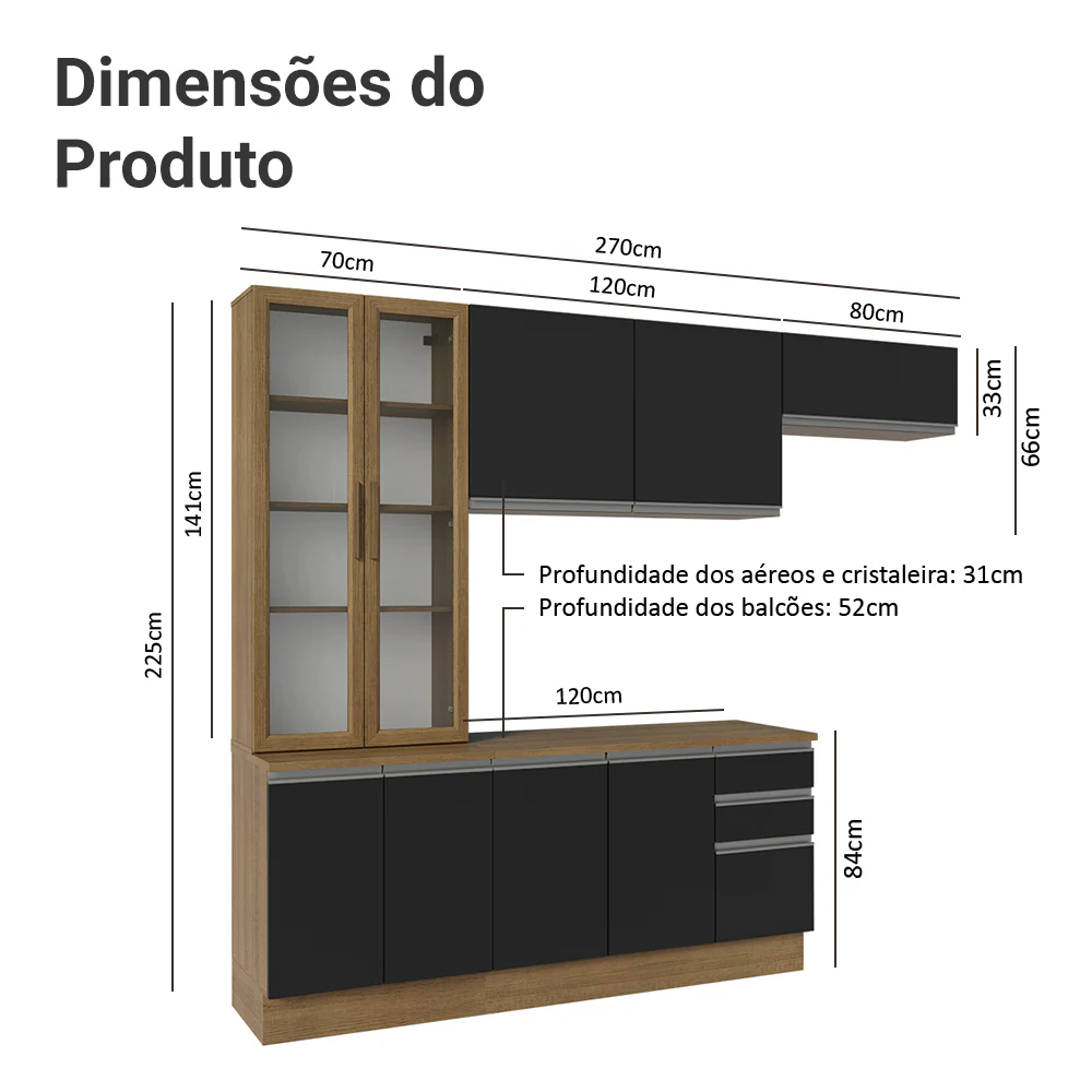 Armário de Cozinha Completa 270cm Rustic/Preto Glamy Madesa 16 - Image 3