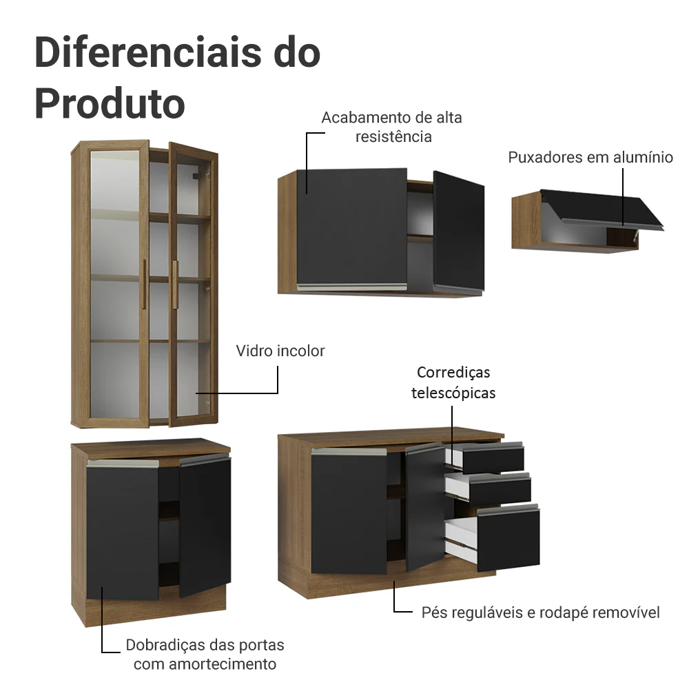 Armário de Cozinha Completa 270cm Rustic/Preto Glamy Madesa 16 - Image 4