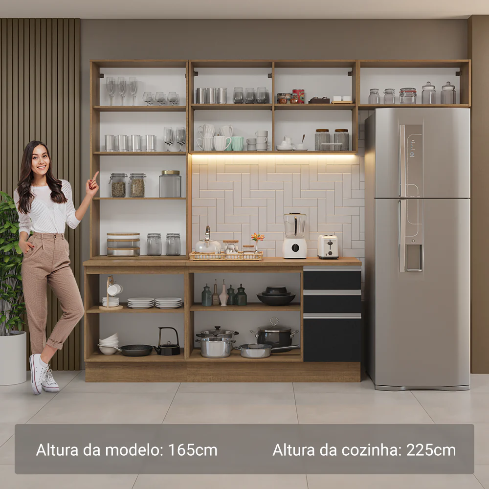 Armário de Cozinha Completa 270cm Rustic/Preto Glamy Madesa 16 - Image 5