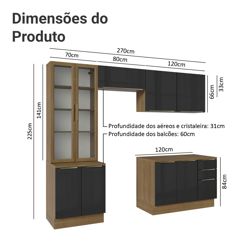 Armário de Cozinha Completa 270 x 60 cm Rustic/Preto Lux Madesa 04 - Image 3