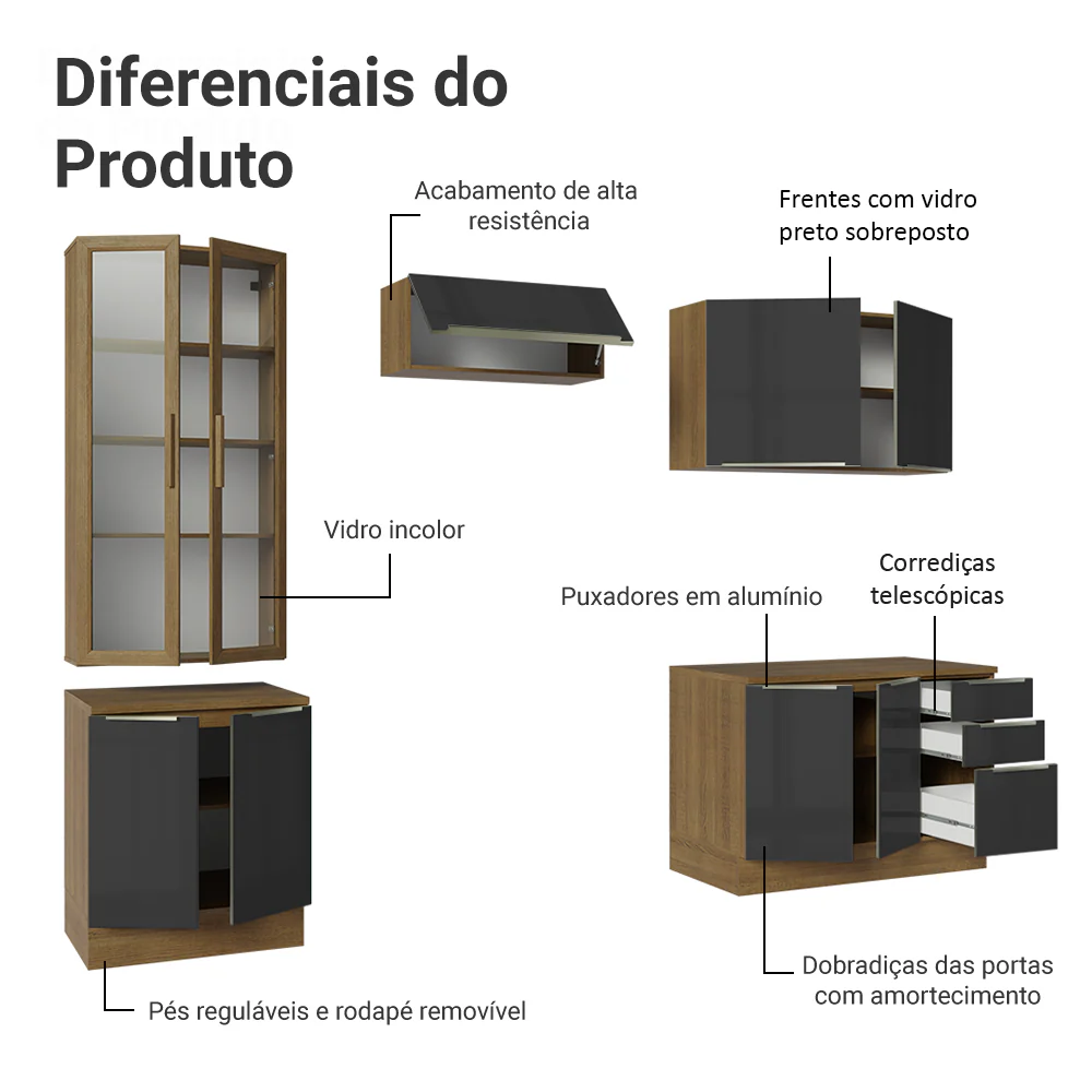 Armário de Cozinha Completa 270 x 60 cm Rustic/Preto Lux Madesa 04 - Image 4