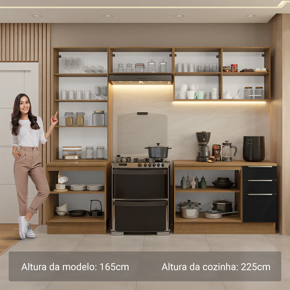 Armário de Cozinha Completa 270 x 60 cm Rustic/Preto Lux Madesa 04 - Image 5
