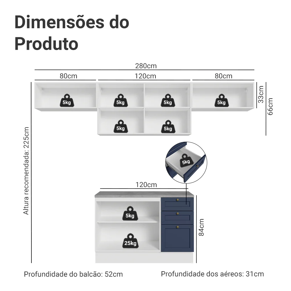 Armário de Cozinha Completa 280 cm Branco/Azul Vik Madesa 01 - Image 3