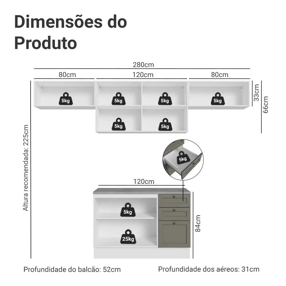 Armário de Cozinha Completa 280 cm Branco/Cinza Vik Madesa 01 - Image 3
