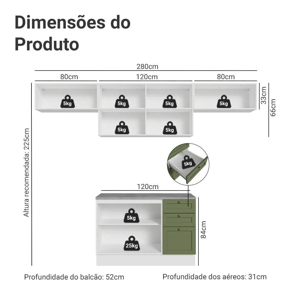 Armário de Cozinha Completa 280 cm Branco/Verde Vik Madesa 01 - Image 3