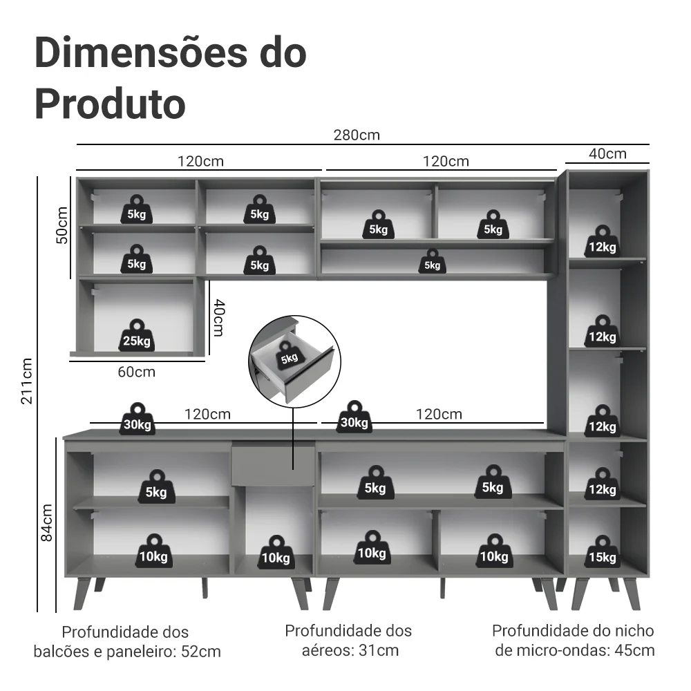 Armário de Cozinha Completa 280 cm Cinza Nice Madesa 03 - Image 3