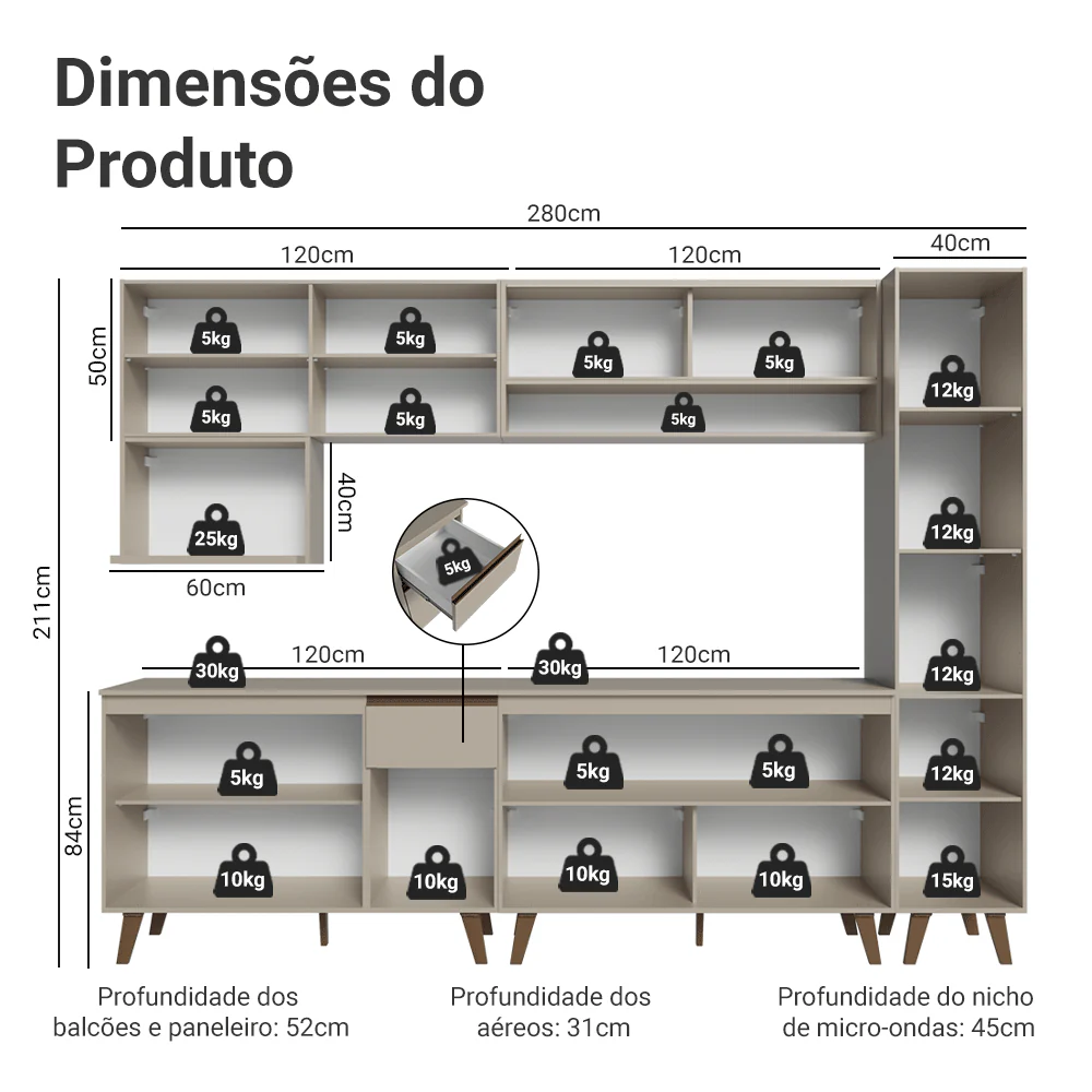 Armário de Cozinha Completa 280 cm Crema Nice Madesa 02 - Image 3