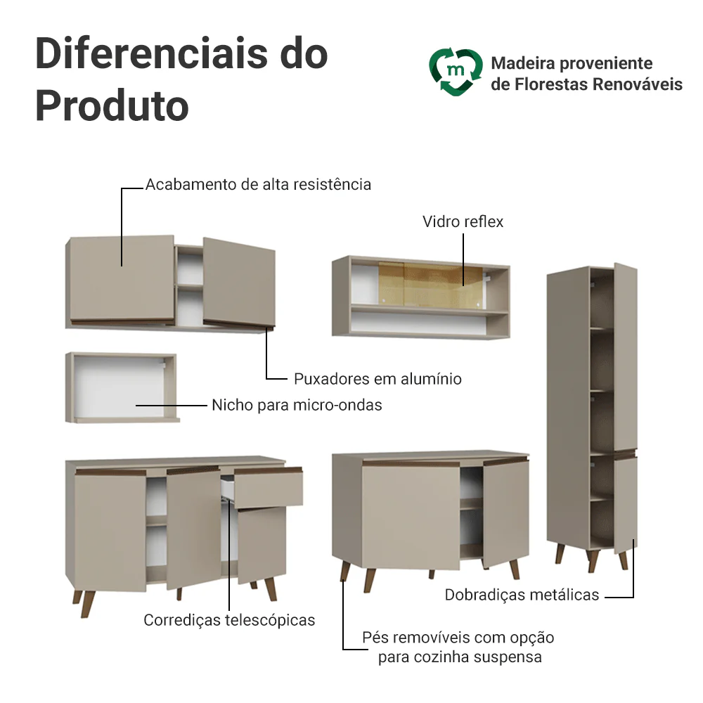 Armário de Cozinha Completa 280 cm Crema Nice Madesa 03 - Image 4