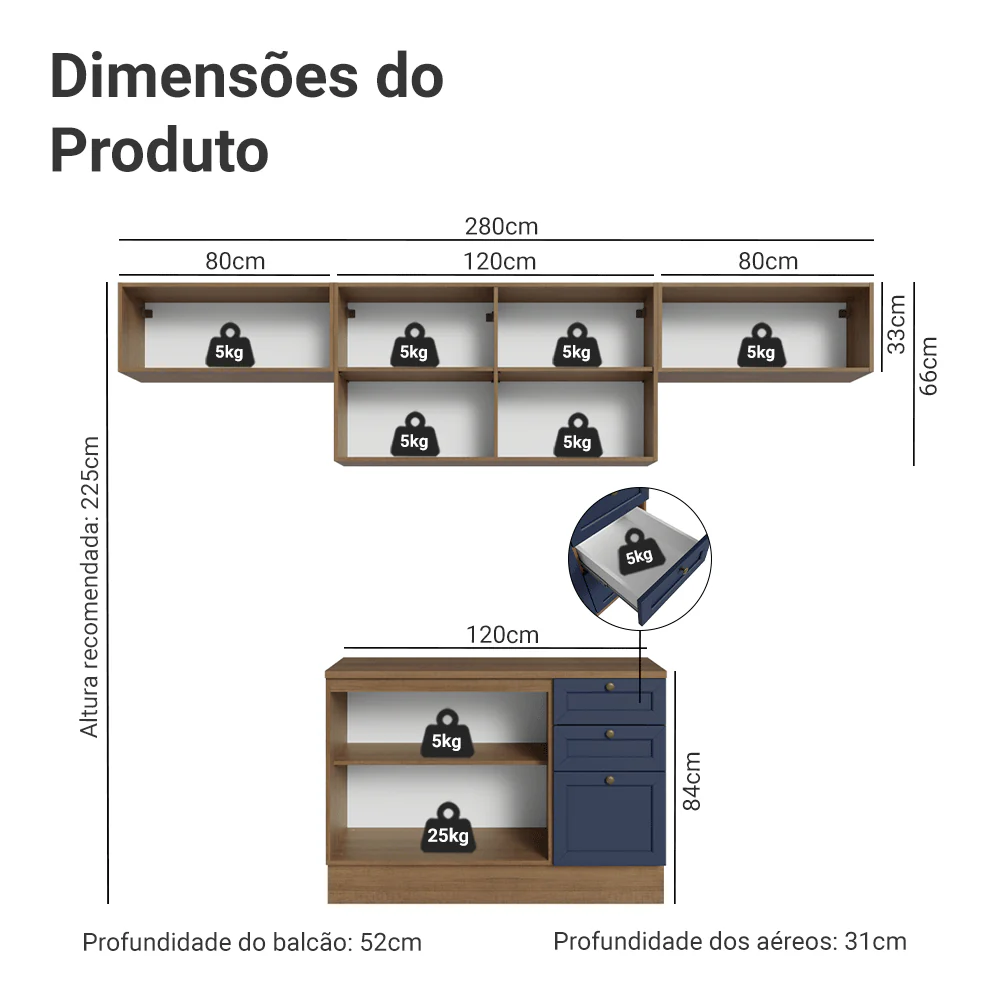 Armário de Cozinha Completa 280 cm Rustic/Azul Vik Madesa 01 - Image 3