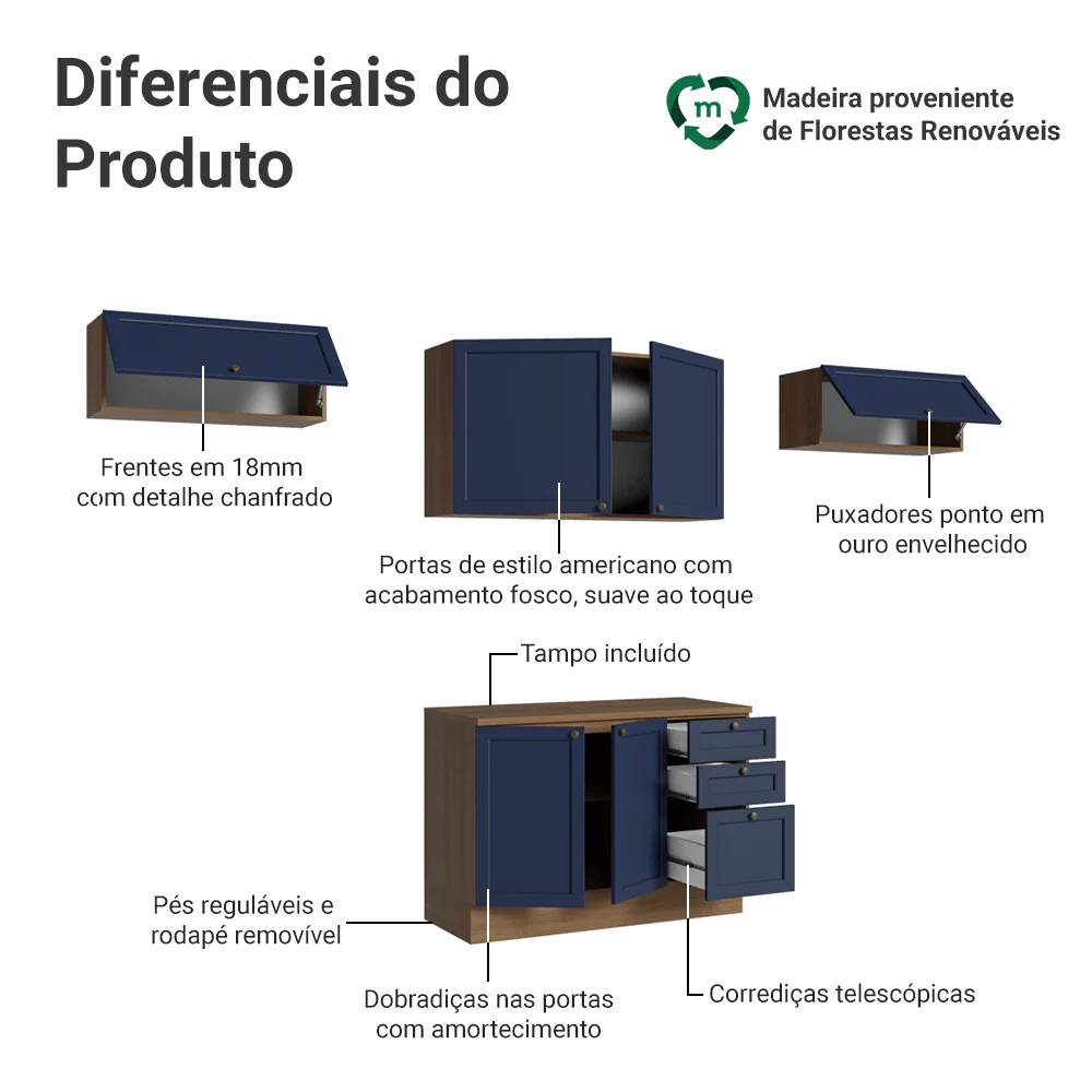 Armário de Cozinha Completa 280 cm Rustic/Azul Vik Madesa 01 - Image 4