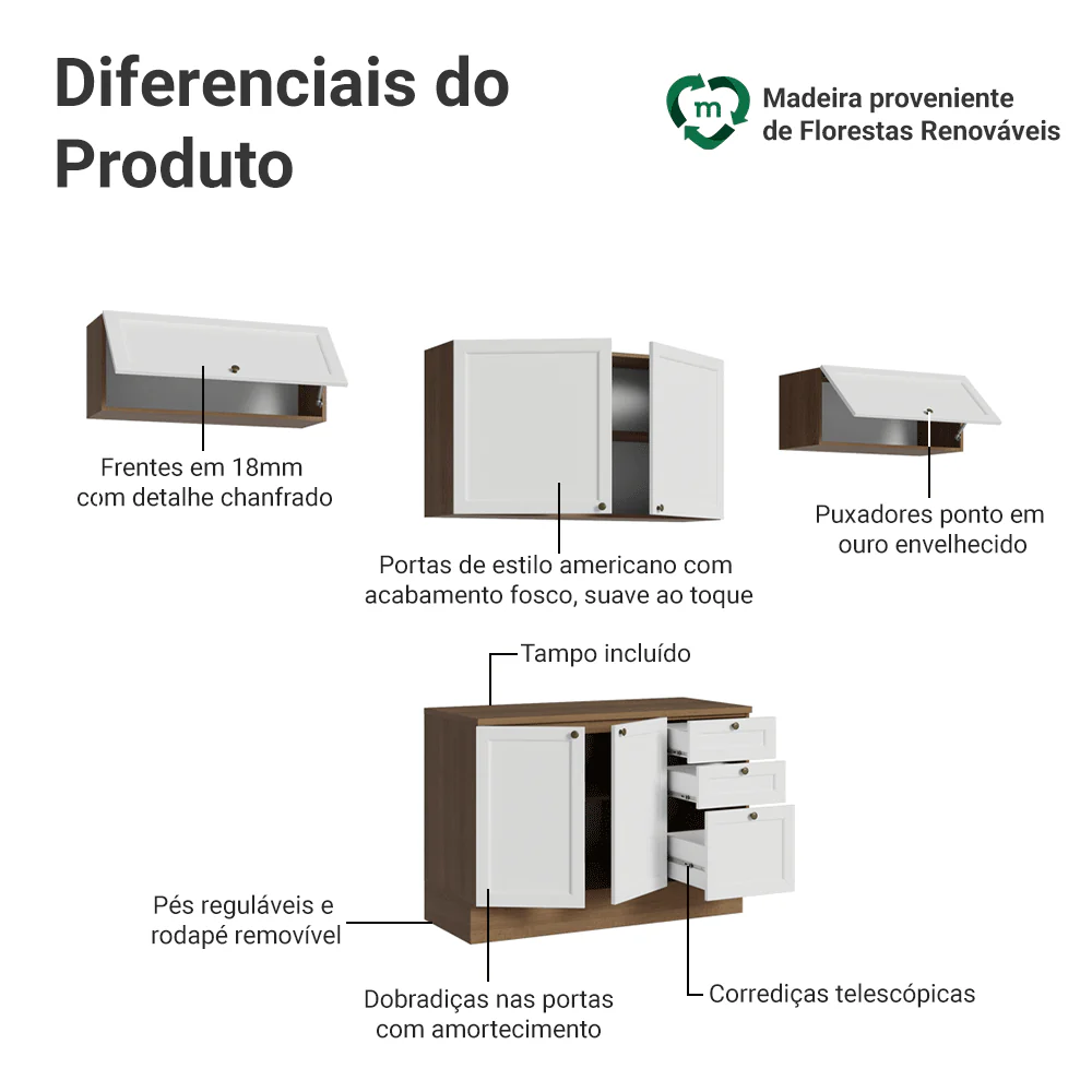Armário de Cozinha Completa 280 cm Rustic/Branco Vik Madesa 01 - Image 4