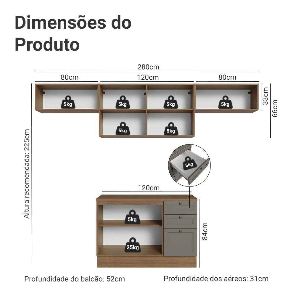 Armário de Cozinha Completa 280 cm Rustic/Cinza Vik Madesa 01 - Image 3