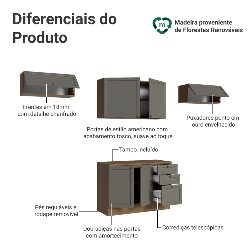 Armário de Cozinha Completa 280 cm Rustic/Cinza Vik Madesa 01 - Image 4