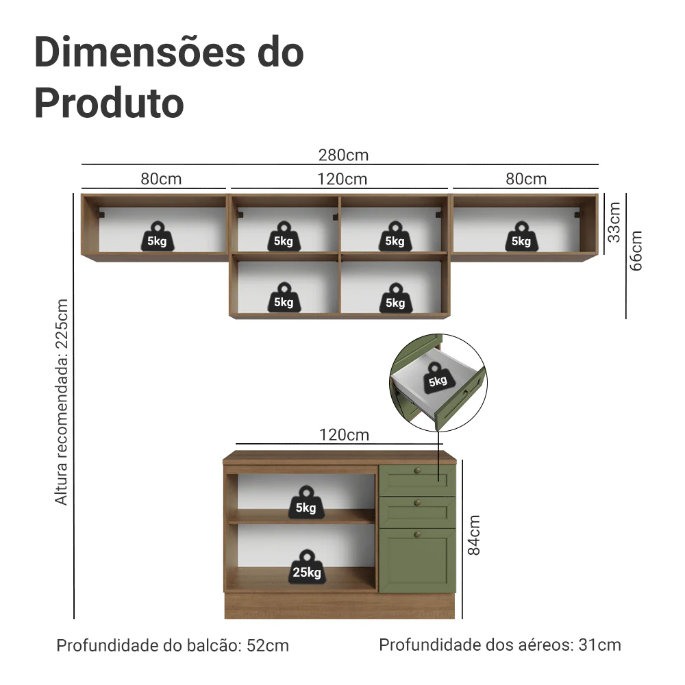 Armário de Cozinha Completa 280 cm Rustic/Verde Vik Madesa 01 - Image 3