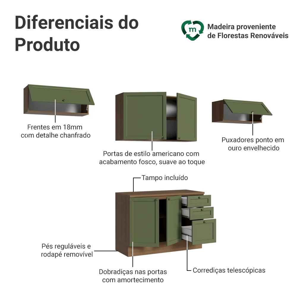 Armário de Cozinha Completa 280 cm Rustic/Verde Vik Madesa 01 - Image 4