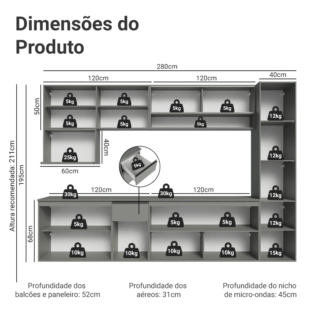 Armário de Cozinha Completa 280 cm Suspensa Cinza Nice Madesa 05 - Image 3