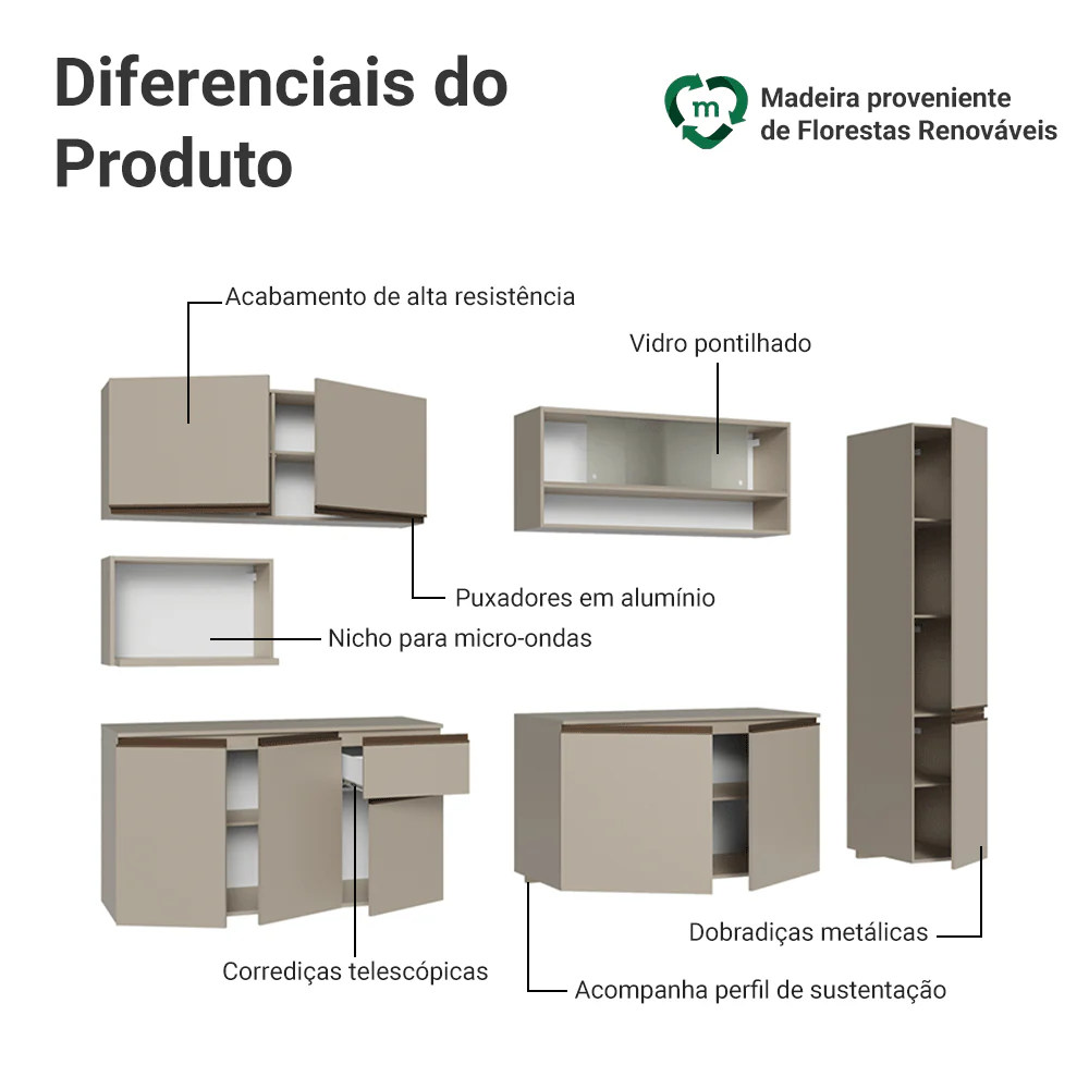 Armário de Cozinha Completa 280 cm Suspensa Crema Nice Madesa 04 - Image 4